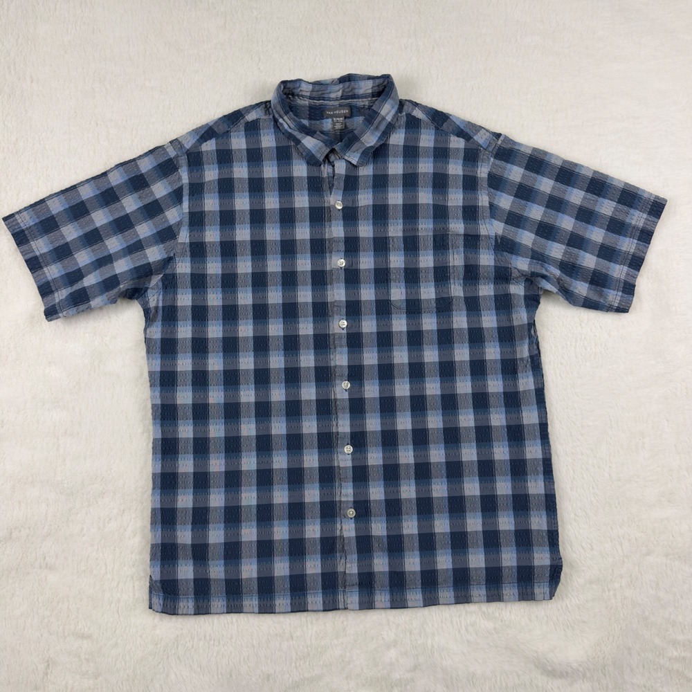 Van Heusen Mens XL Blue Plaid Short Sleeve Button Down Shirt Textured SP50562020